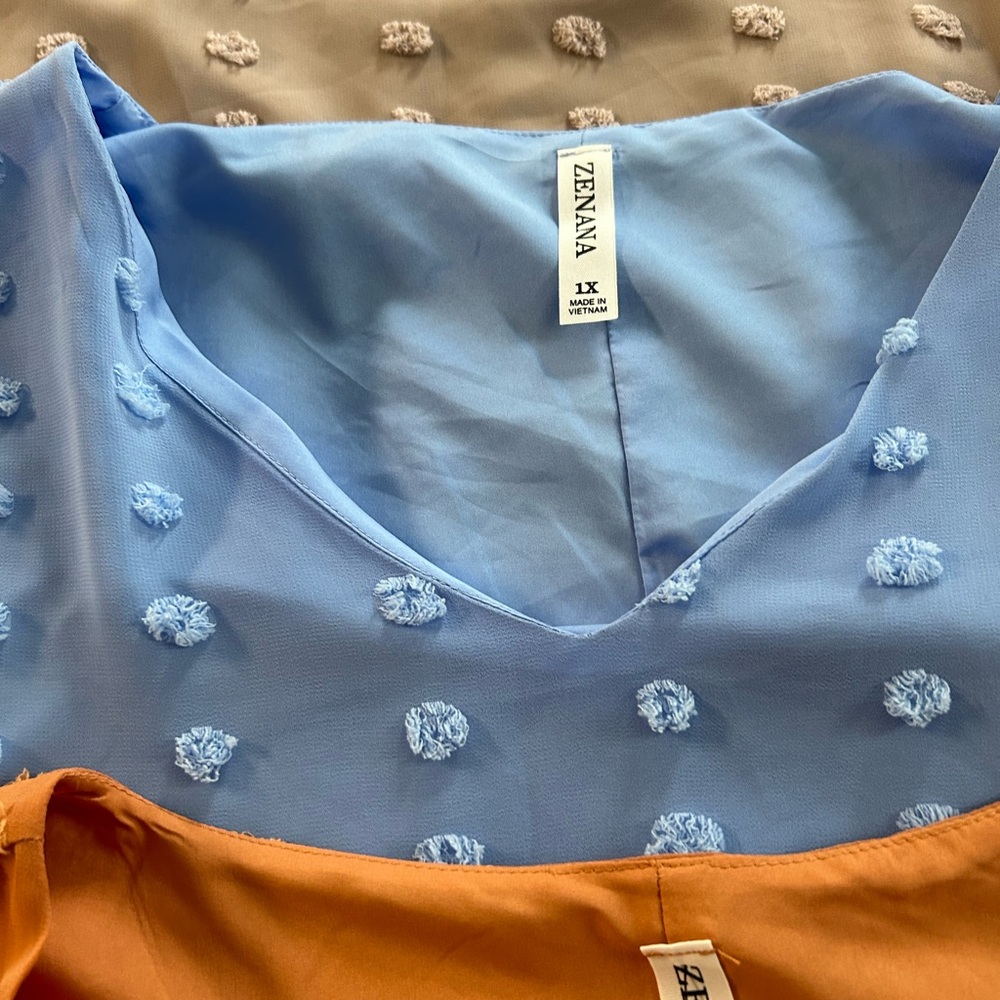 3 tops 100% polyester SwissDots very nice tops. Asking $25.00